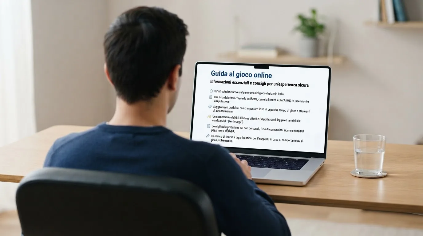 Persona davanti a un portatile che legge una pagina informativa sul gioco online in Italia — 100 giri gratis senza deposito