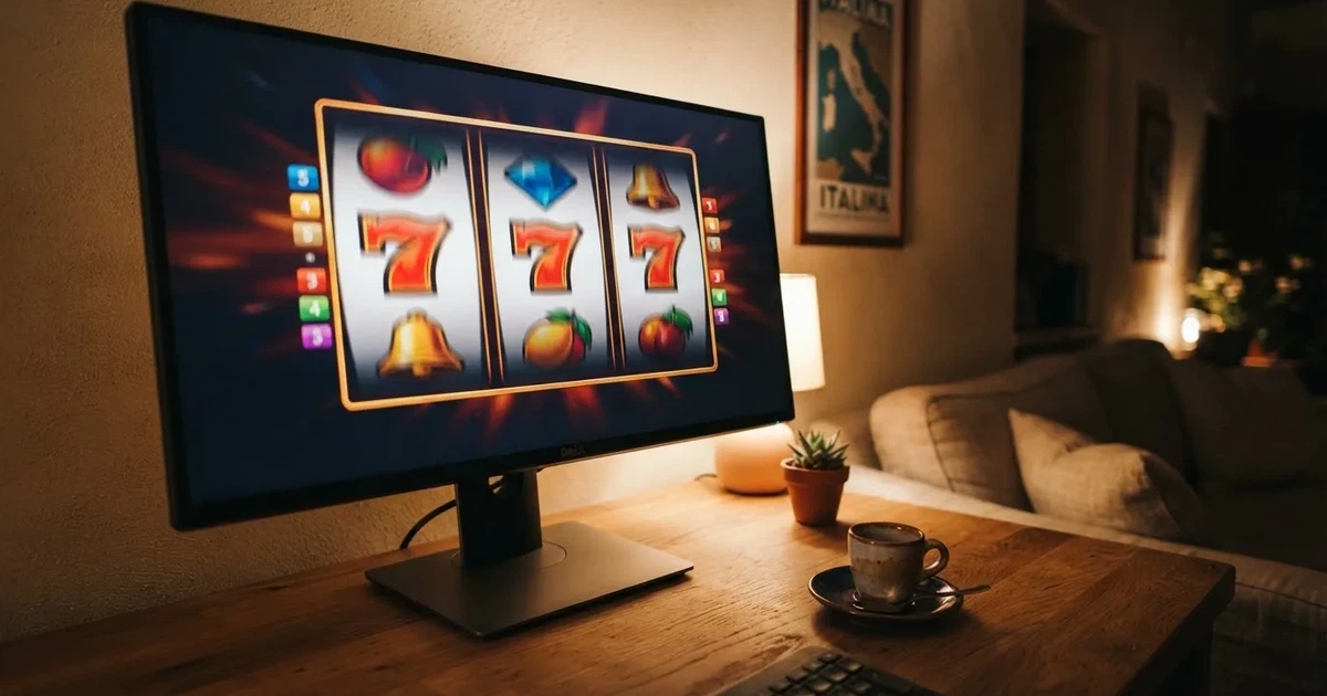 Rulli di una slot in movimento sullo schermo di un computer in un salotto — 100 giri gratis senza deposito