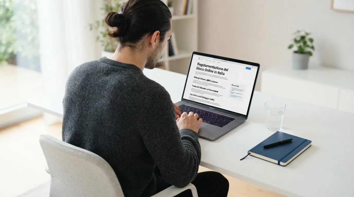 Persona davanti a un portatile che legge una pagina informativa sul gioco online in Italia — 25, 30, 50, 100, 200 giri gratis senza deposito