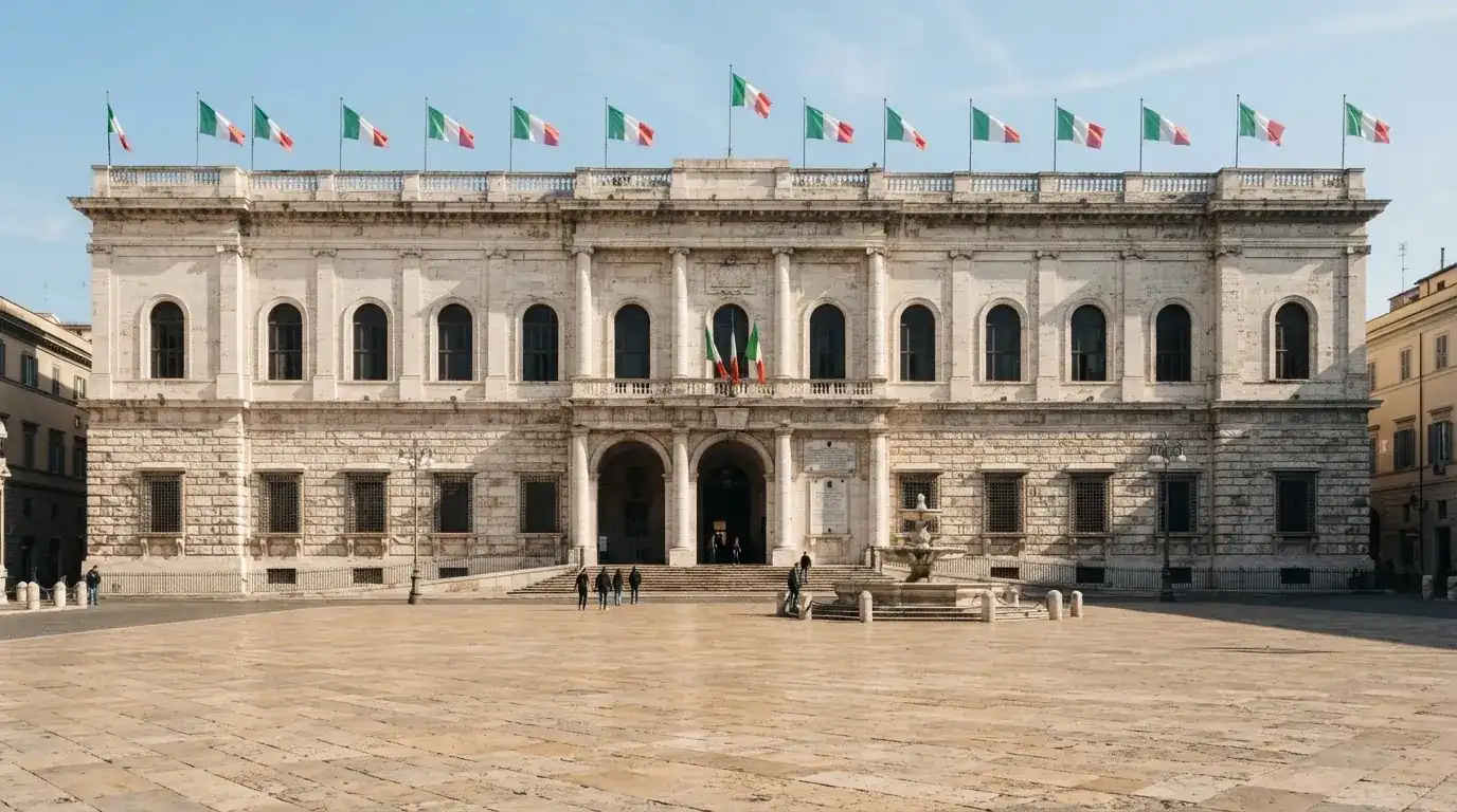 Palazzo istituzionale con bandiere al vento in una piazza soleggiata — big time gaming live casino italia