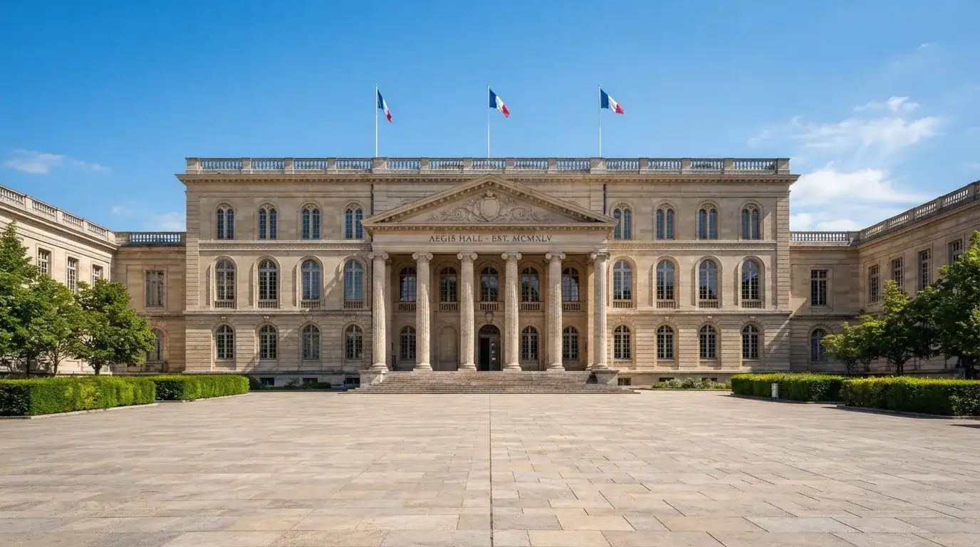 Palazzo istituzionale con bandiere al vento in una piazza soleggiata — casinò che accettano bitcoin