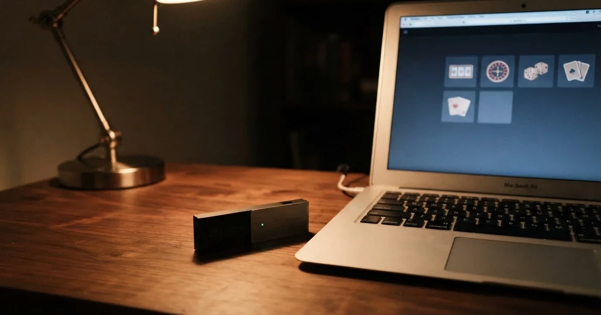 Portafoglio hardware accanto a un portatile su una scrivania scura con lampada — casinò che accettano bitcoin