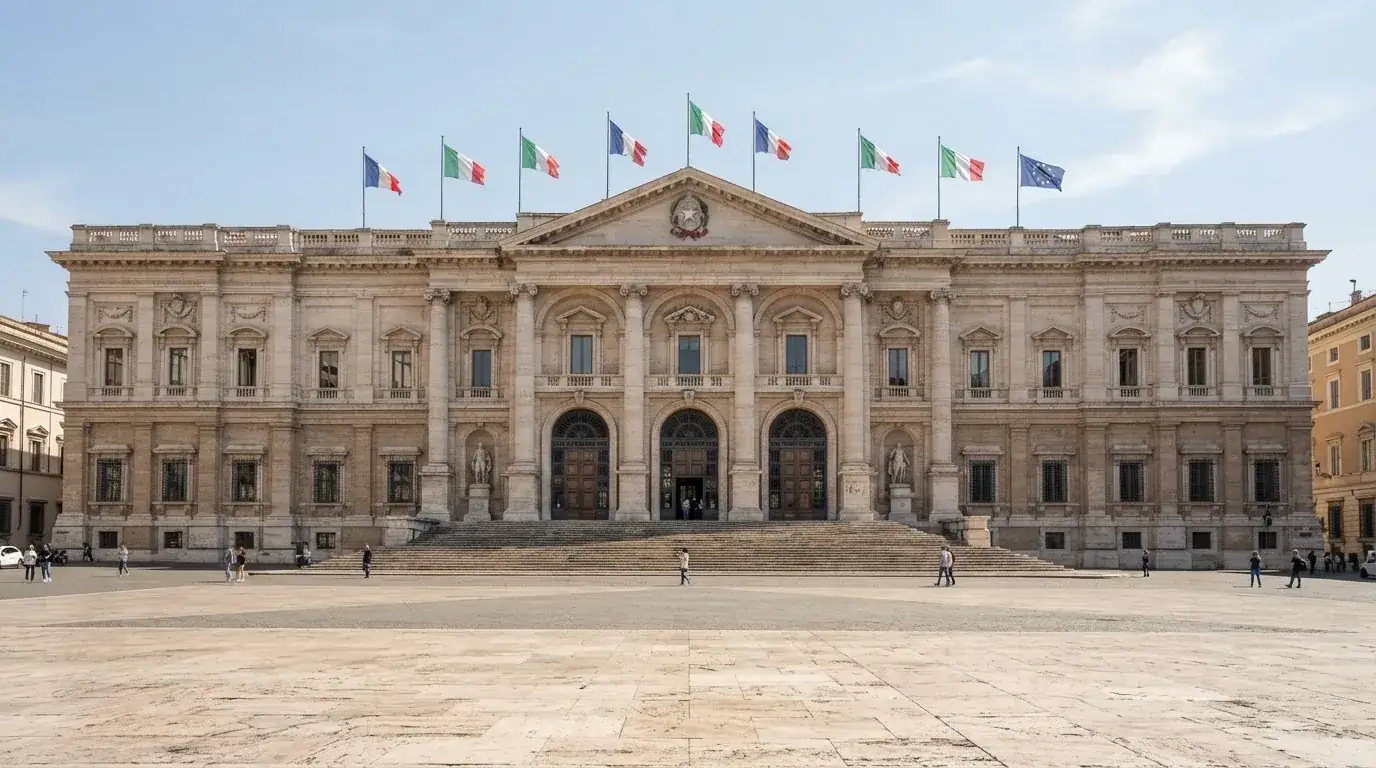Palazzo istituzionale con bandiere al vento in una piazza soleggiata — casino com app android