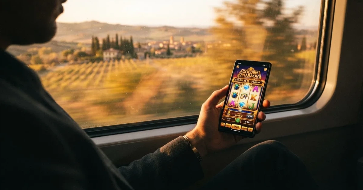 Smartphone in mano su un treno, paesaggio sfocato dal finestrino — casino com app android