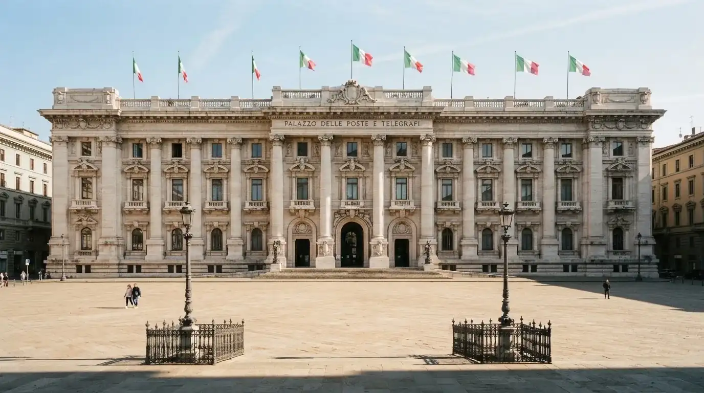 Palazzo istituzionale con bandiere al vento in una piazza soleggiata — casino com app iphone