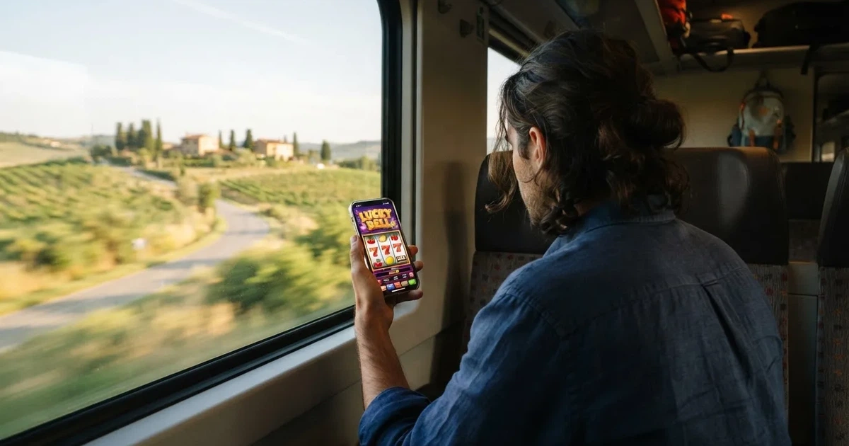 Smartphone in mano su un treno, paesaggio sfocato dal finestrino — casino com app iphone