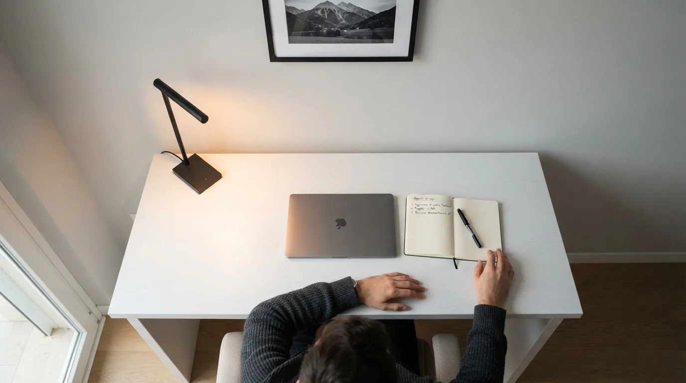 Una persona seduta a una scrivania minimalista con un laptop chiuso e una lampada accesa in un ufficio domestico ordinato.