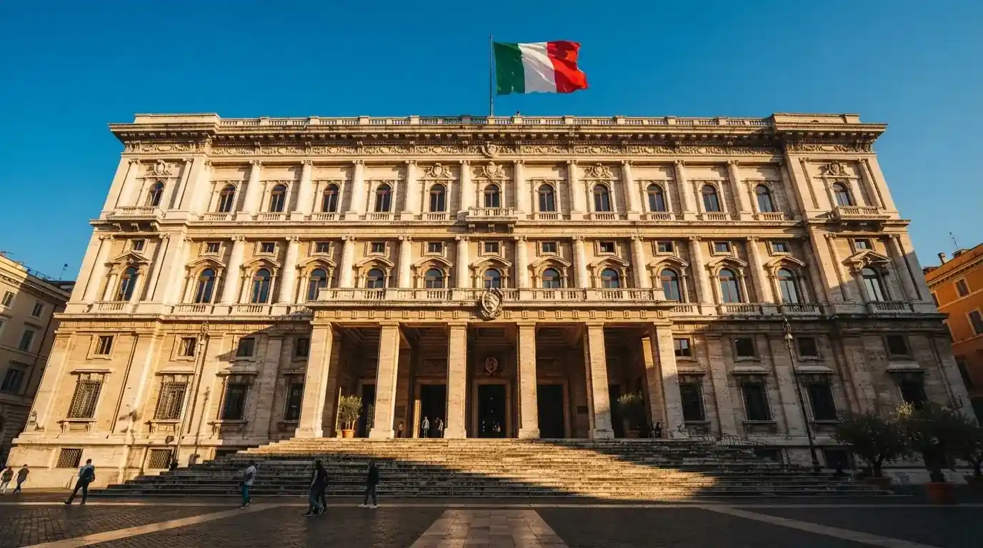 Un edificio governativo italiano con bandiera al vento fotografato dal basso in una giornata di sole.
