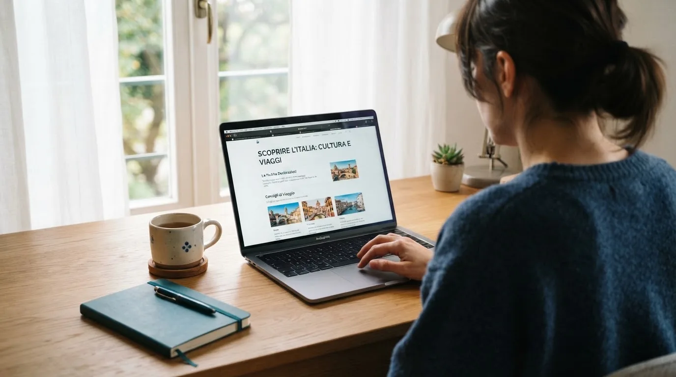 Persona davanti a un portatile che legge una pagina informativa sul gioco online in Italia — casino dal vivo online