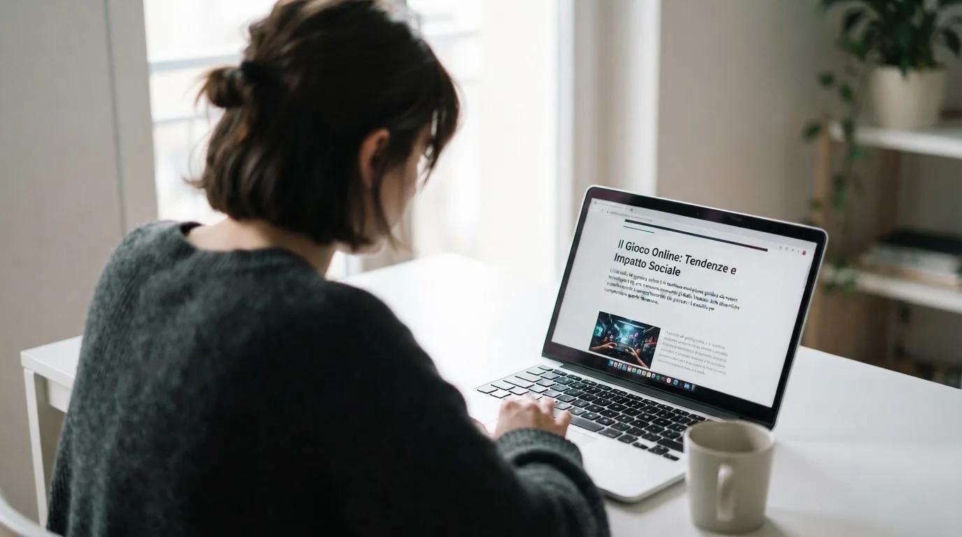 Persona davanti a un portatile che legge una pagina informativa sul gioco online in Italia — casino deposito minimo 1, 5, 10 e 20 euro