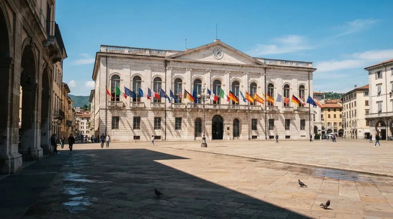 Palazzo istituzionale con bandiere al vento in una piazza soleggiata — casino deposito minimo 1, 5, 10 e 20 euro