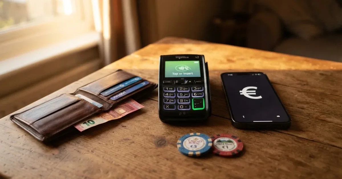 Terminale di pagamento e smartphone su un tavolo di legno accanto a un portafoglio — casino deposito minimo 1, 5, 10 e 20 euro