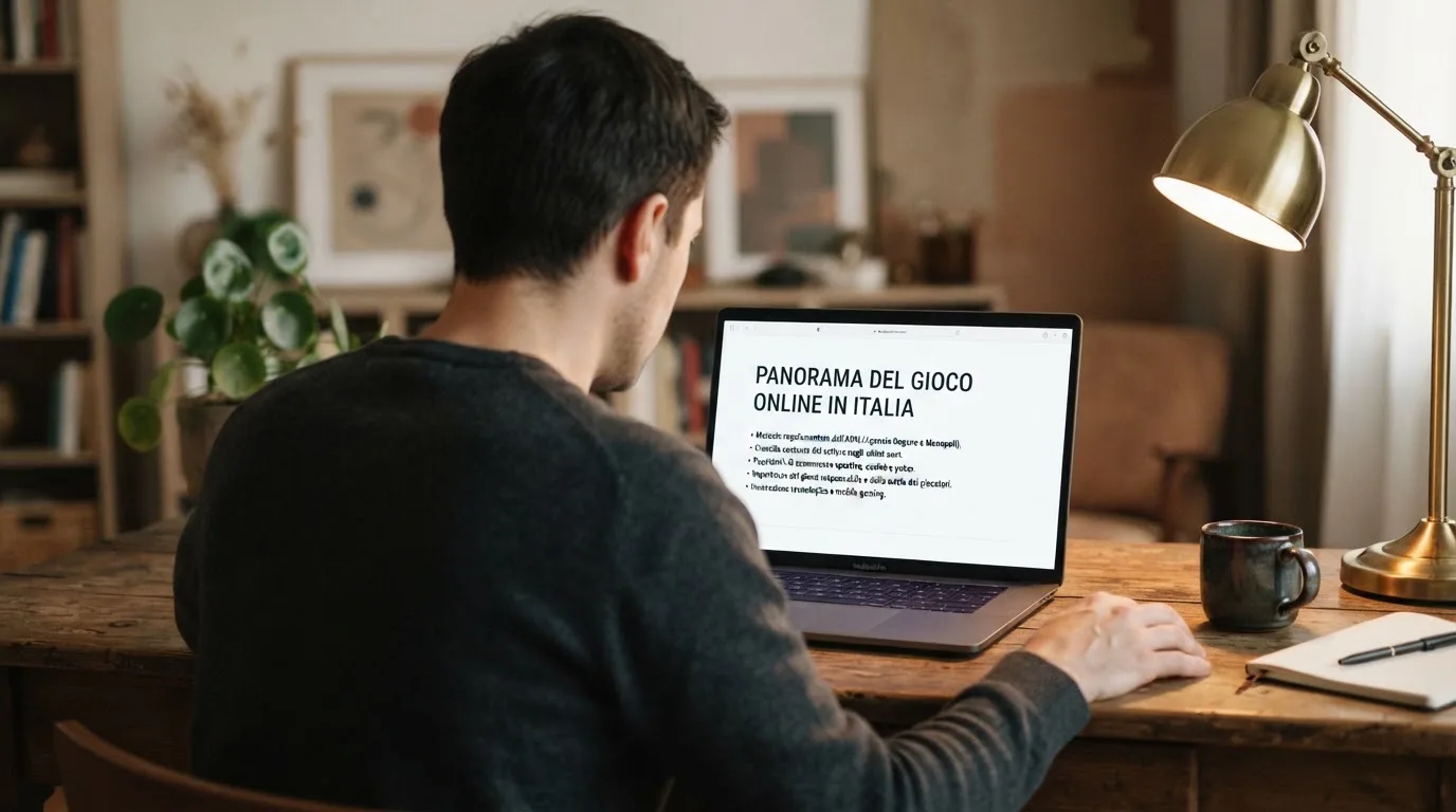 Persona davanti a un portatile che legge una pagina informativa sul gioco online in Italia — casino deposito minimo 1 euro