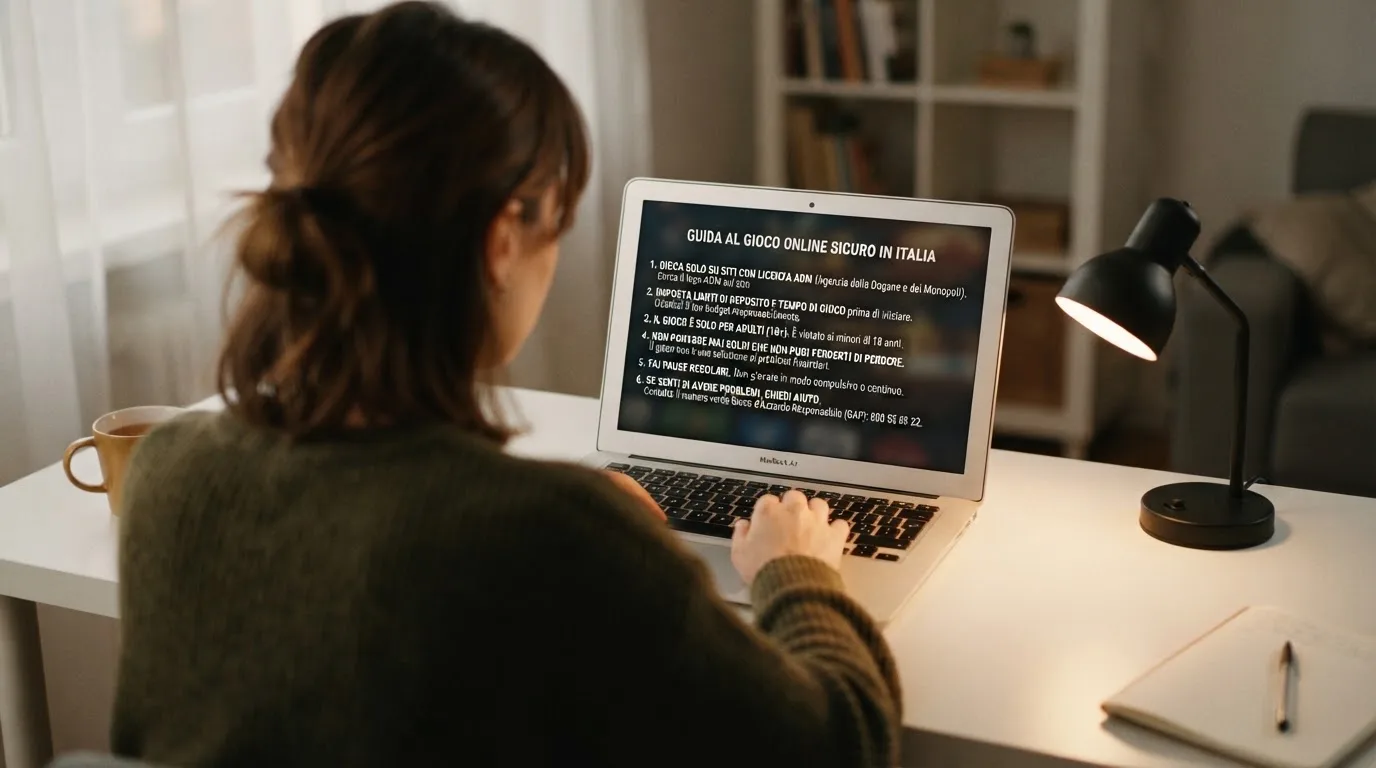 Persona davanti a un portatile che legge una pagina informativa sul gioco online in Italia — casino deposito minimo 10 centesimi