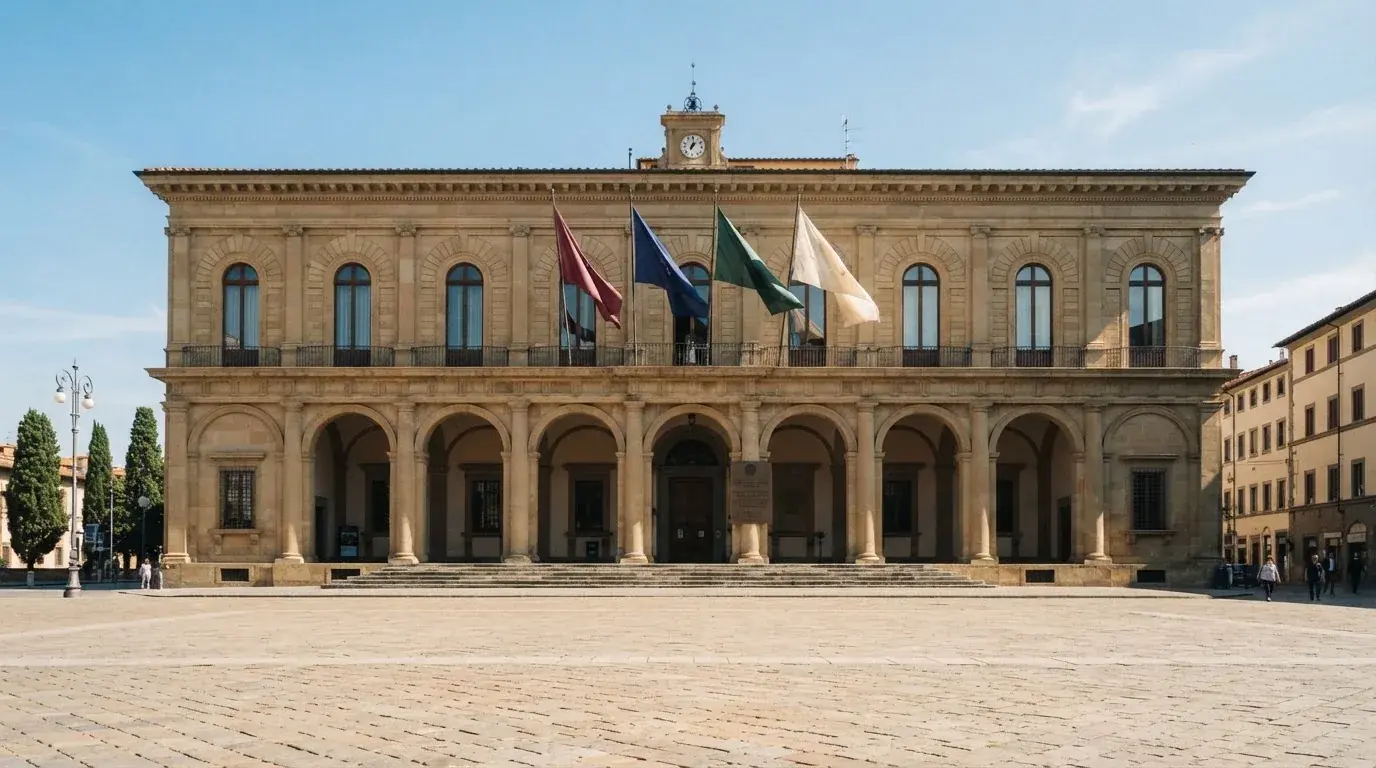 Palazzo istituzionale con bandiere al vento in una piazza soleggiata — casino deposito minimo 10 centesimi