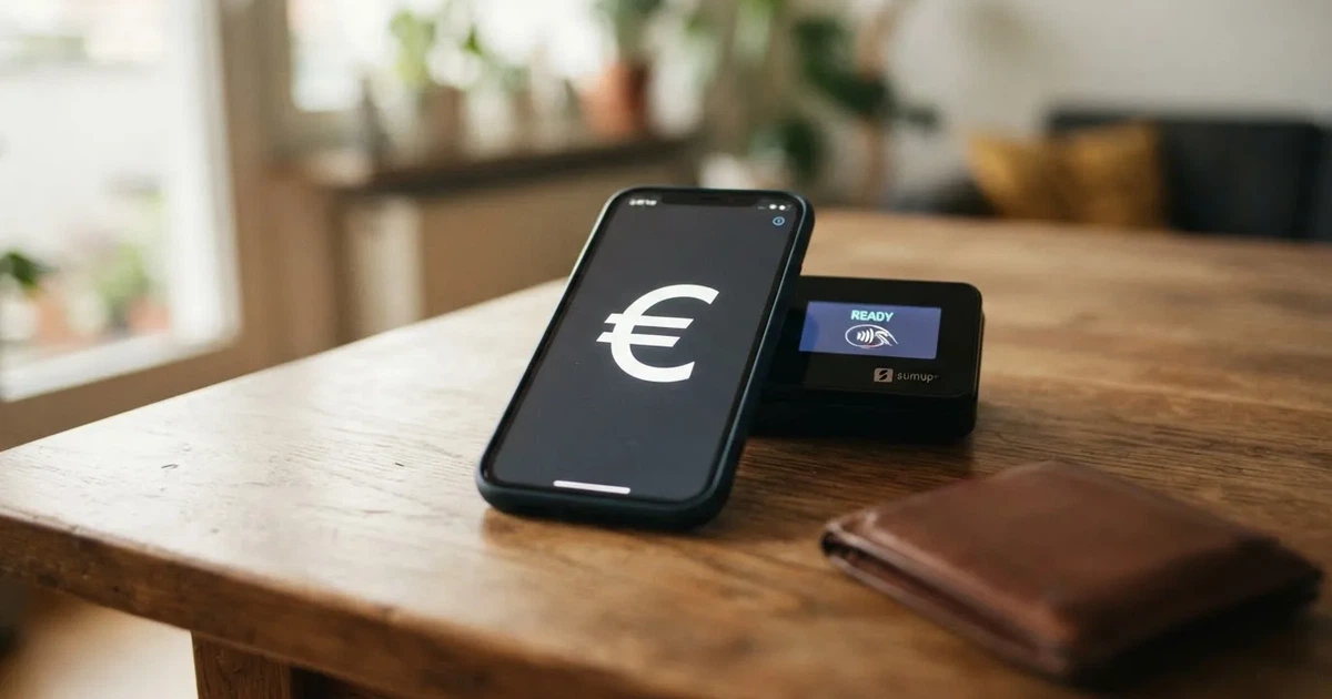 Terminale di pagamento e smartphone su un tavolo di legno accanto a un portafoglio — casino deposito minimo 10 centesimi