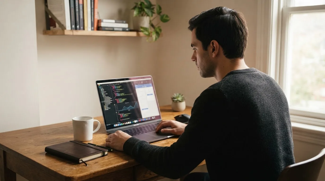 Un uomo seduto alla scrivania osserva pensieroso il monitor di un computer portatile, in una stanza ordinata con una tazza di caffè accanto.