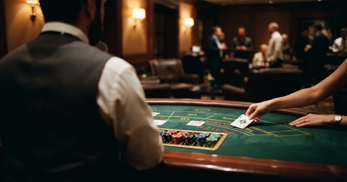 Un croupier distribuisce carte su un tavolo da gioco elegante, illuminato da luci soffuse in una sala professionale.