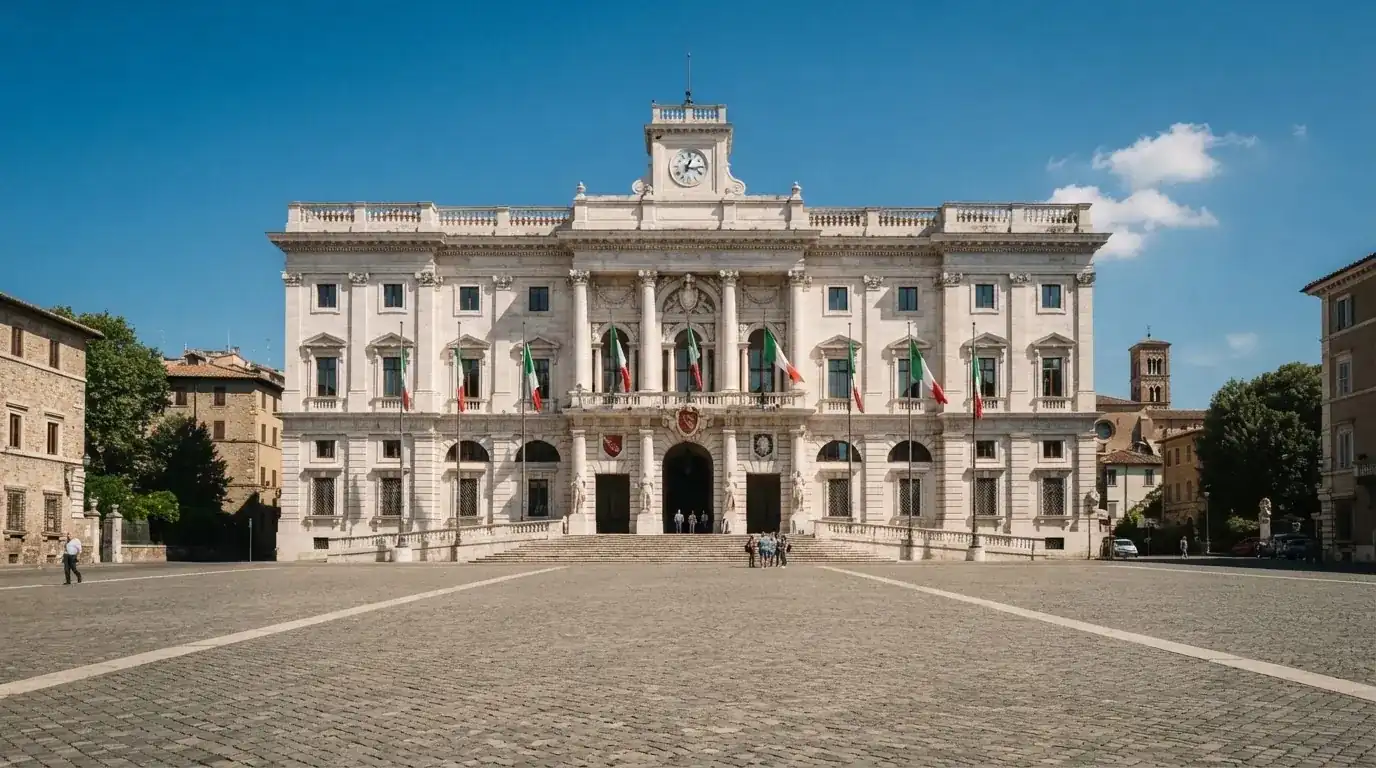 Palazzo istituzionale con bandiere al vento in una piazza soleggiata — casino metodi di pagamento italia
