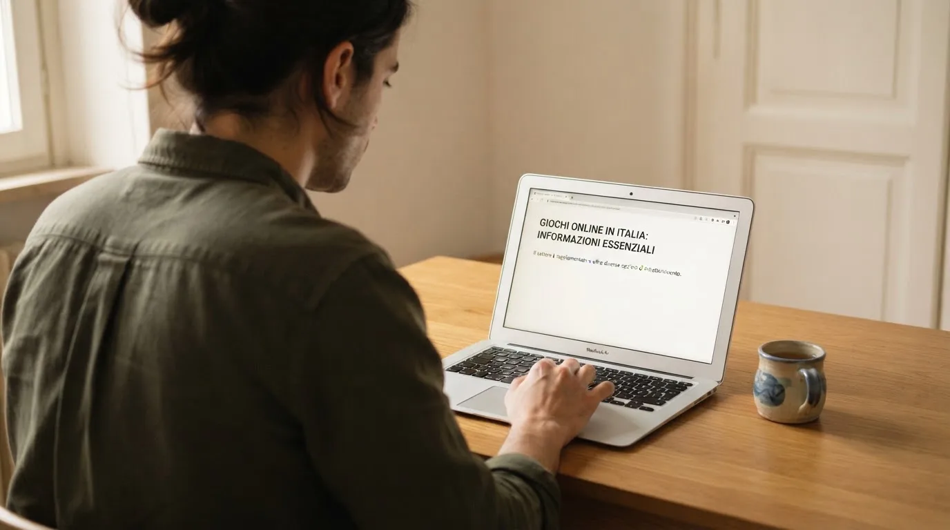 Persona davanti a un portatile che legge una pagina informativa sul gioco online in Italia — casino no adm