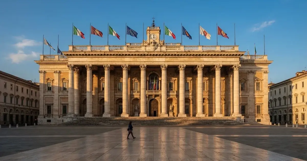 Palazzo istituzionale con bandiere al vento in una piazza soleggiata — casino no adm