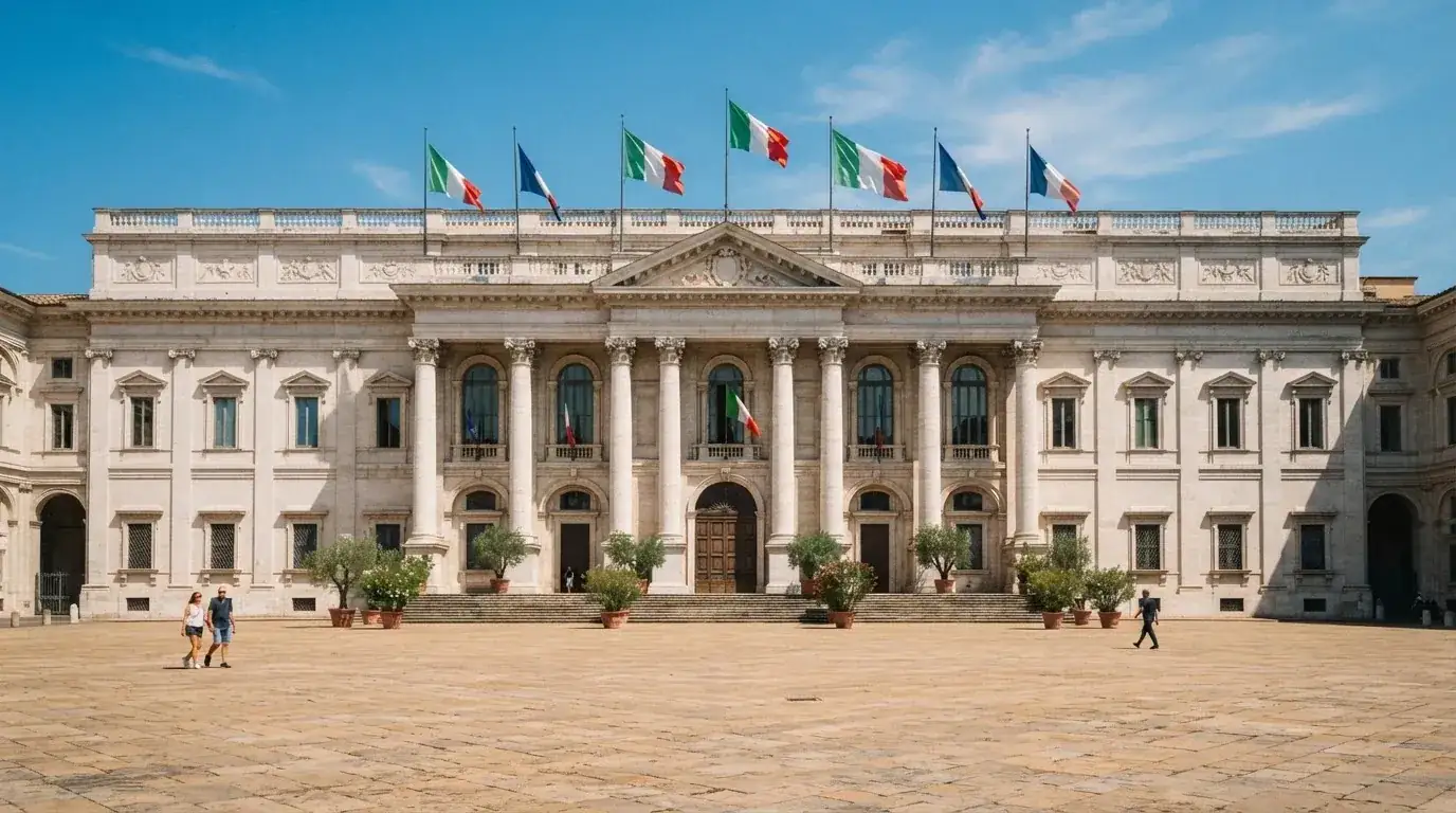 Palazzo istituzionale con bandiere al vento in una piazza soleggiata — casino non aams affidabili