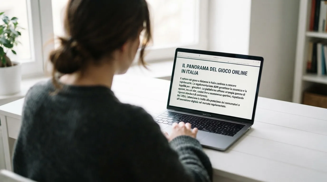 Persona davanti a un portatile che legge una pagina informativa sul gioco online in Italia — casinò non aams che accettano dogecoin