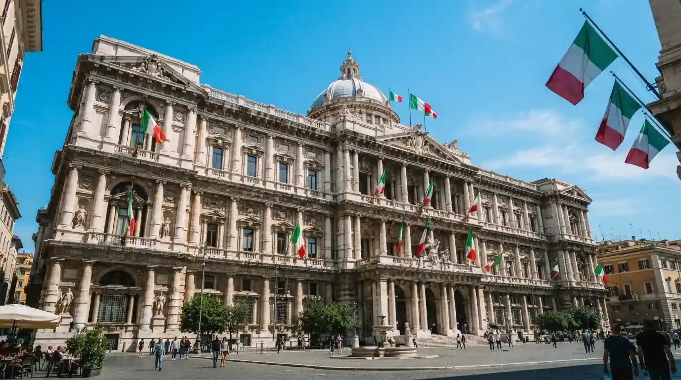 Palazzo istituzionale con bandiere al vento in una piazza soleggiata — casinò non aams che accettano dogecoin
