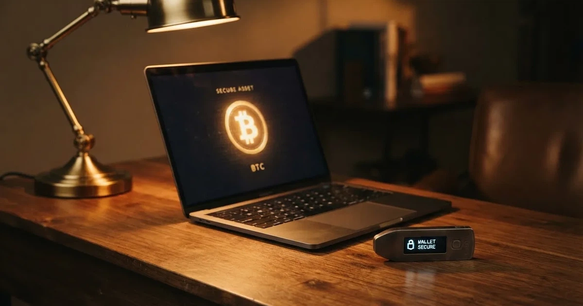 Portafoglio hardware accanto a un portatile su una scrivania scura con lampada — casinò non aams che accettano dogecoin