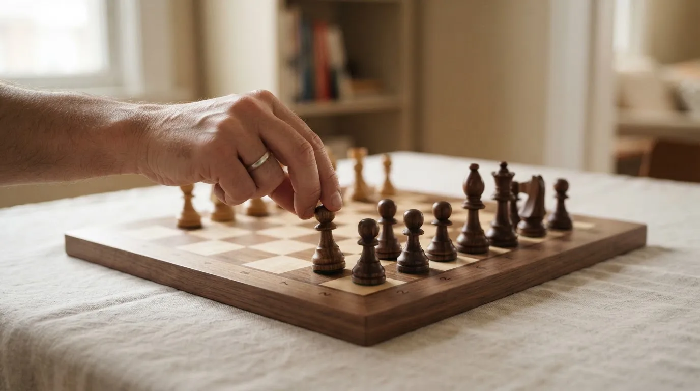 Una mano dispone pedine di scacchi in ordine su una scacchiera di legno in una stanza silenziosa.