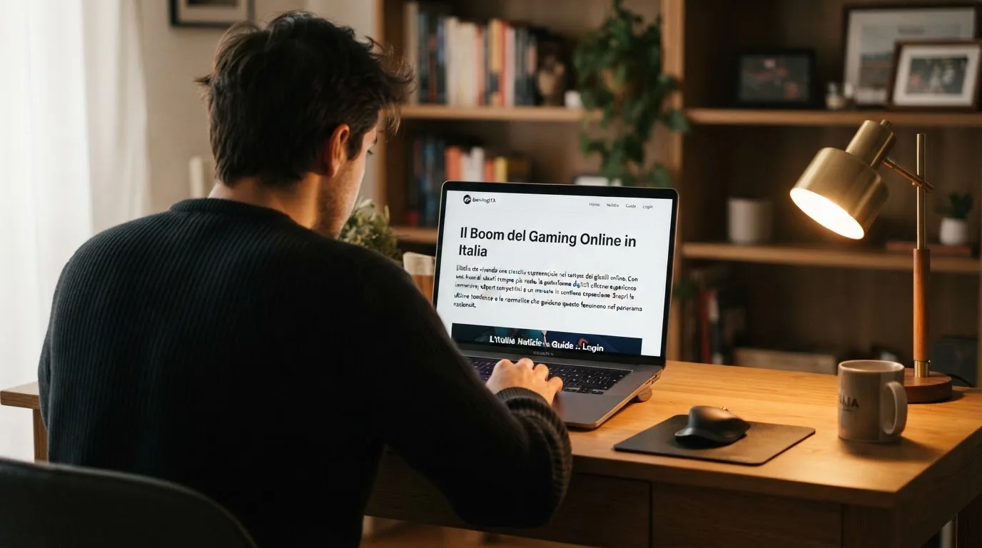 Persona davanti a un portatile che legge una pagina informativa sul gioco online in Italia — casino non aams che accettano postepay