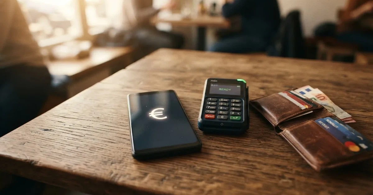 Terminale di pagamento e smartphone su un tavolo di legno accanto a un portafoglio — casino non aams che accettano postepay
