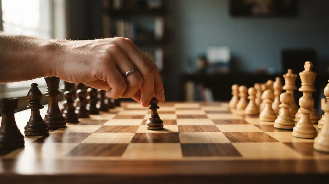 Una mano dispone pedine di scacchi in ordine su una scacchiera di legno in una stanza silenziosa.