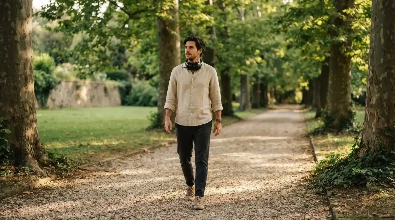 Un uomo cammina all'aperto in un parco cittadino indossando cuffie, lontano da qualsiasi dispositivo elettronico acceso.