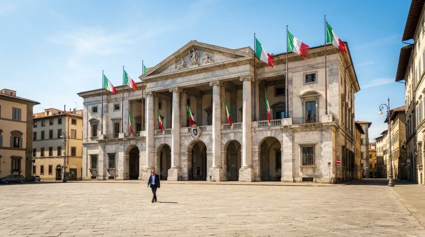 Palazzo istituzionale con bandiere al vento in una piazza soleggiata — casino online con algoritmo unbiased