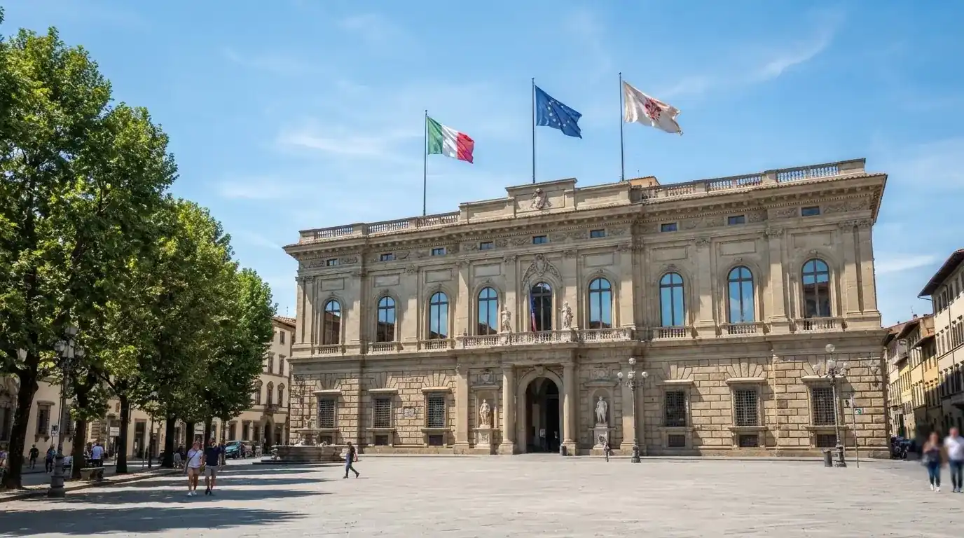 Palazzo istituzionale con bandiere al vento in una piazza soleggiata — casino online con bonus crab