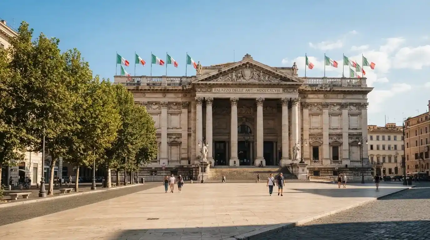Palazzo istituzionale con bandiere al vento in una piazza soleggiata — casino online con cie