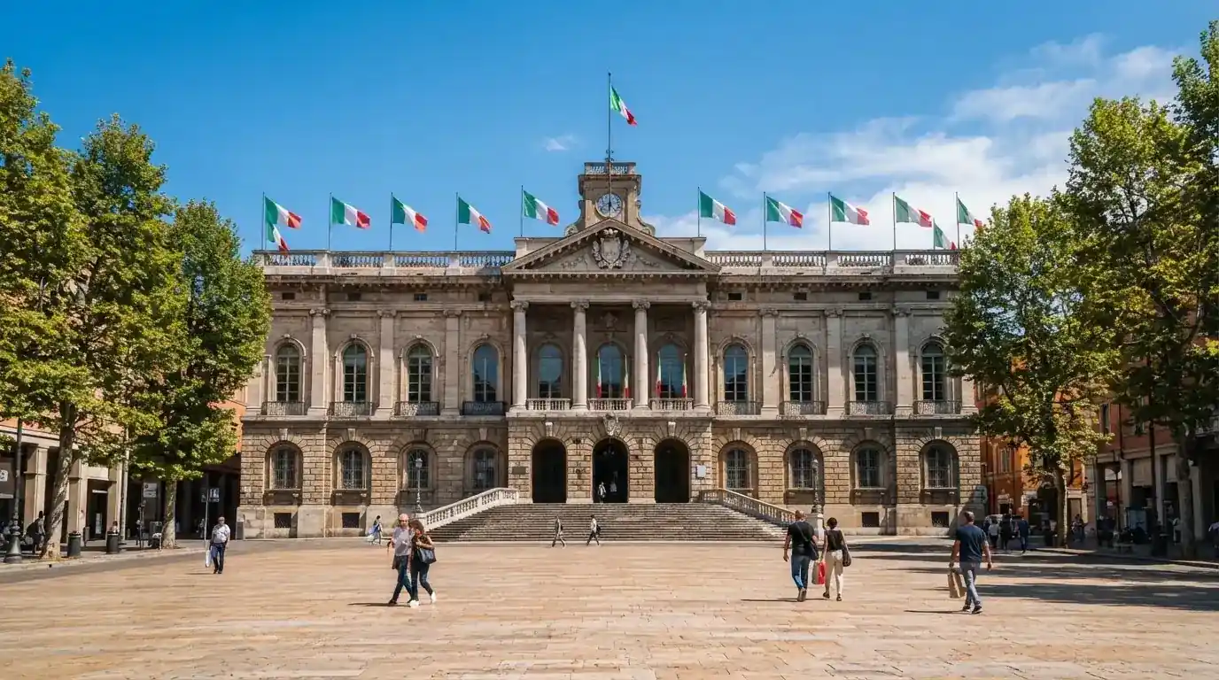 Palazzo istituzionale con bandiere al vento in una piazza soleggiata — casino online italiani senza autoesclusione