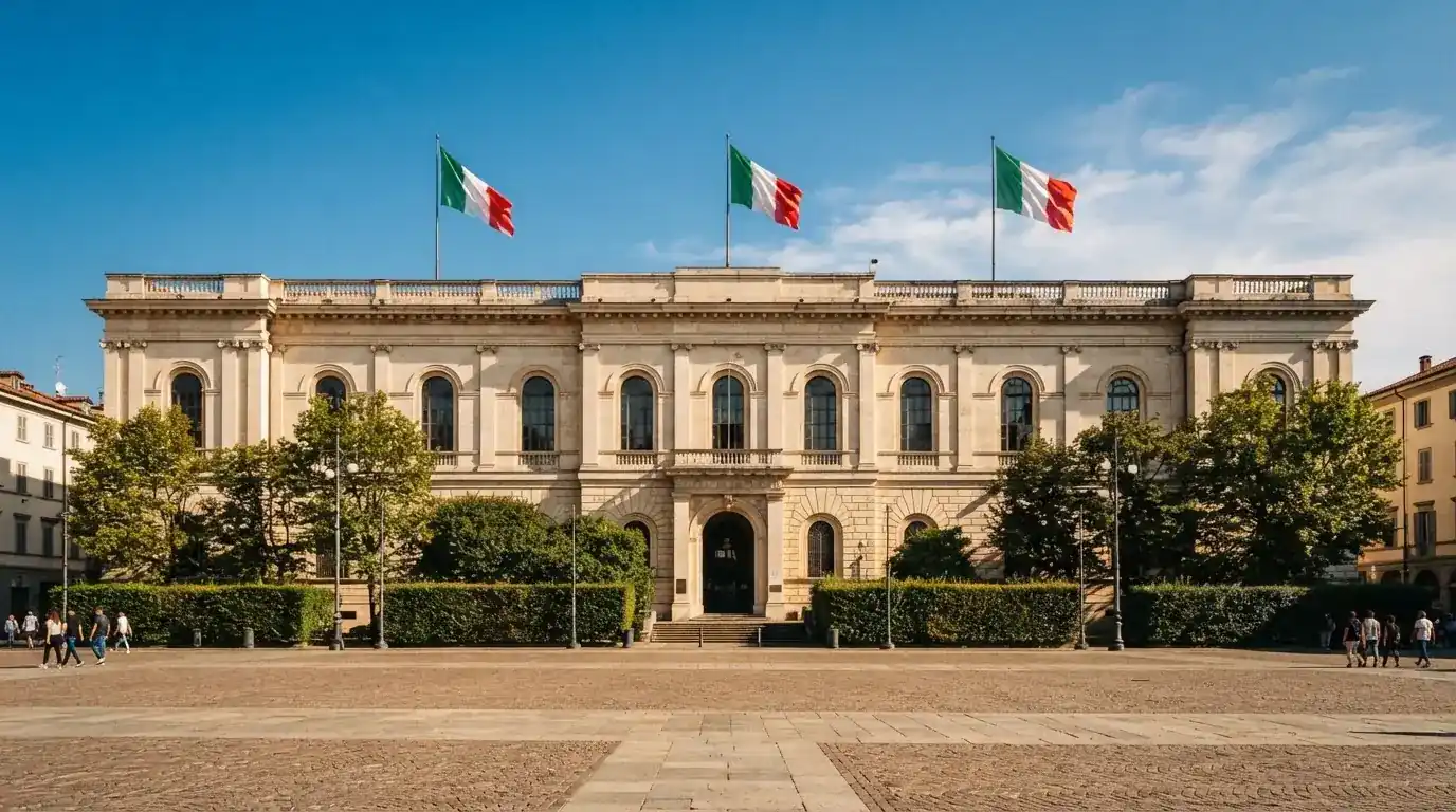 Palazzo istituzionale con bandiere al vento in una piazza soleggiata — casino online senza registrazione