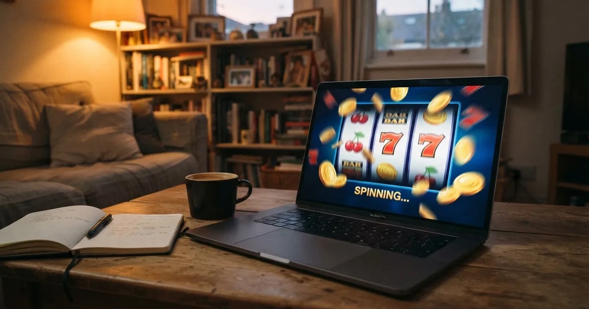 Rulli di una slot in movimento sullo schermo di un computer in un salotto — casino online senza registrazione