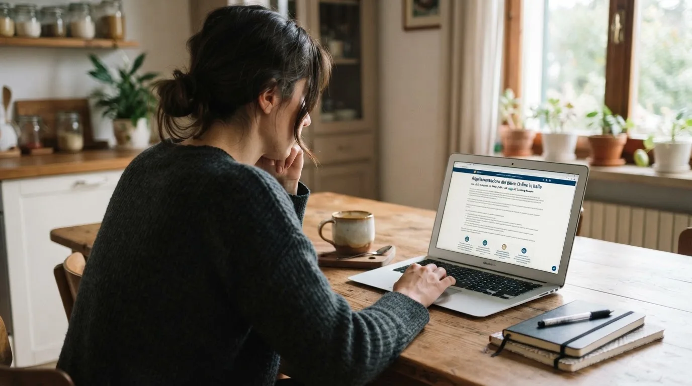Persona davanti a un portatile che legge una pagina informativa sul gioco online in Italia — casino senza codice fiscale