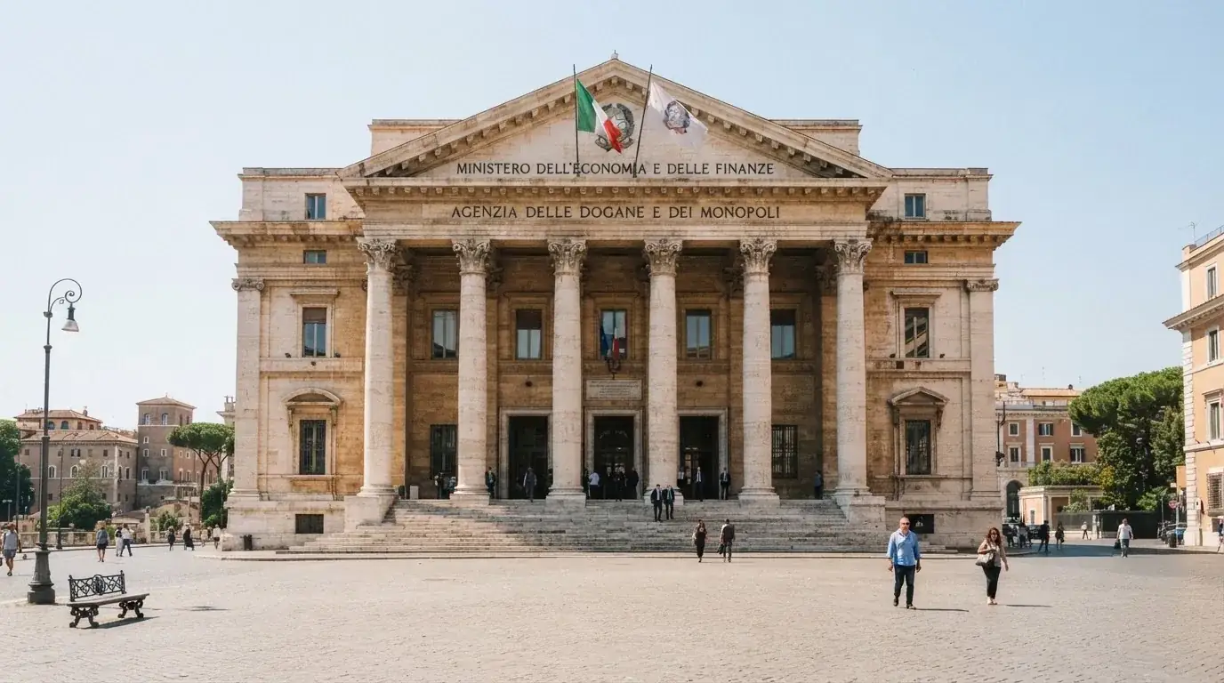 Palazzo istituzionale con bandiere al vento in una piazza soleggiata — casino senza codice fiscale