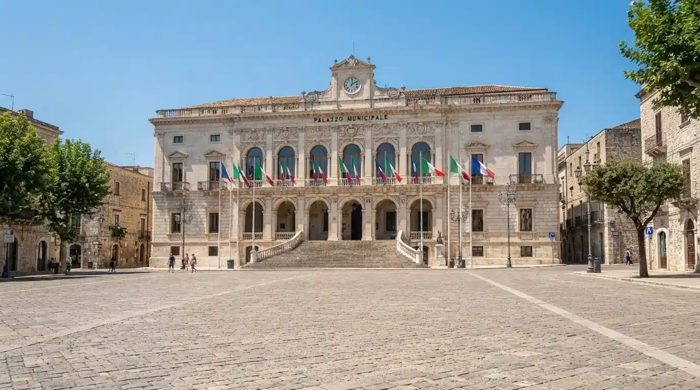 Palazzo istituzionale con bandiere al vento in una piazza soleggiata — casinò slot machines con rtp alto