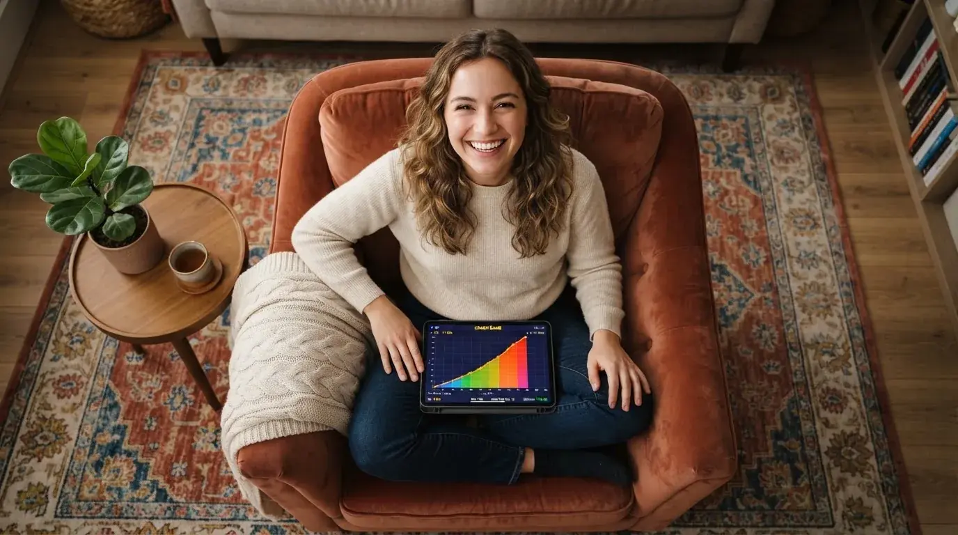 Una giovane donna sorride guardando lo schermo di un tablet appoggiato sulle ginocchia, comodamente seduta su una poltrona colorata.