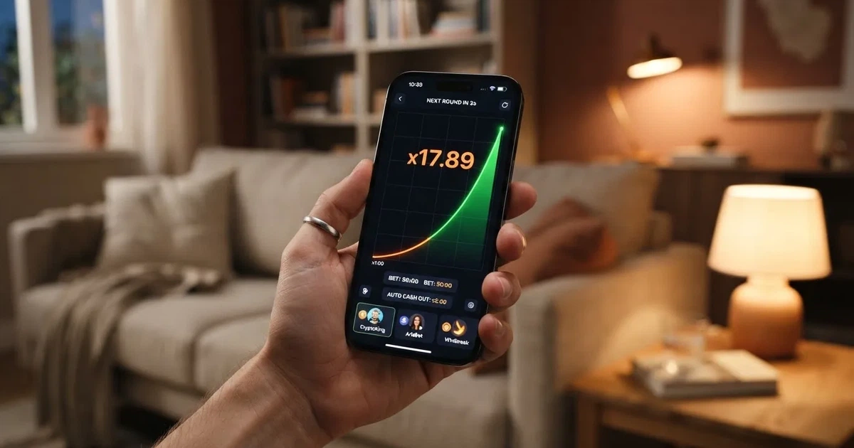 Schermo di uno smartphone che mostra una linea colorata in salita stilizzata, tenuto in mano in un salotto moderno con luce soffusa.