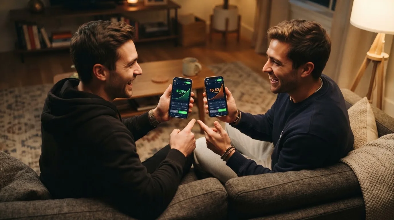 Due amici seduti su un divano confrontano gli schermi dei loro smartphone, ridendo insieme in una stanza con luce calda.